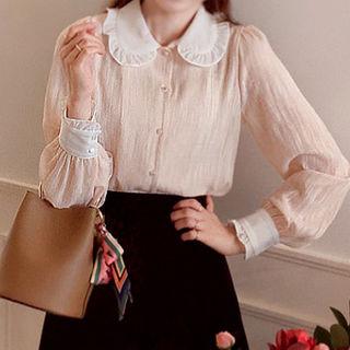 Contrast-collar Frill-trim Textured Blouse Light Beige - One Size
