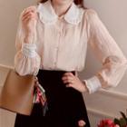 Contrast-collar Frill-trim Textured Blouse Light Beige - One Size