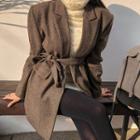Wool Blend Herringbone Jacket With Belt Brown - One Size