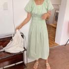 Short-sleeve Shirred Dress Green - One Size