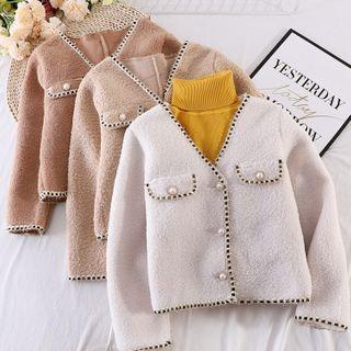 Faux Pearl Contrast Trim Fleece Button Jacket