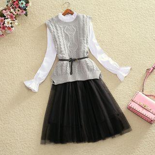 Knit Vest / Long-sleeve A-line Mesh Panel Dress / Set