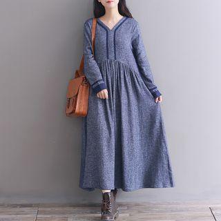 Long-sleeve Contrast-trim Midi Dress