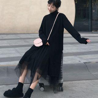 Turtleneck Long-sleeve Top / Midi Mesh A-line Skirt