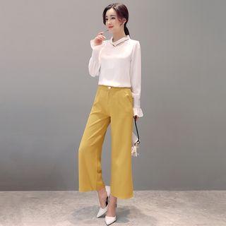 Set: Frill Trim Long-sleeve Chiffon Top + Wide Leg Pants