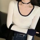 Contrast Trim Cropped Knit Long-sleeve Top