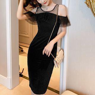 Cold-shoulder Mesh Panel Midi Bodycon Dress