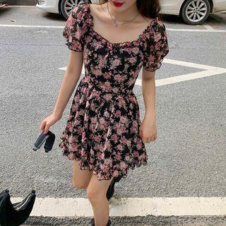 Rose Printed Puff-sleeve Dress