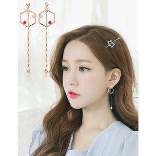 Rhinestone Faux-pearl Hexagon Drop Earrings