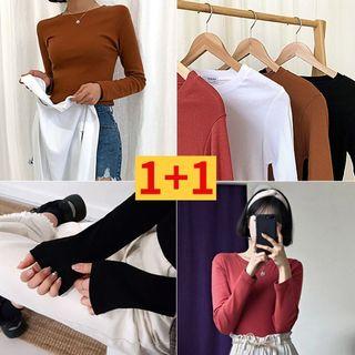 Set Of 2: Long-sleeve Slim Cropped T-shirt