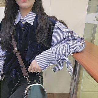 Mock Two-piece Velvet Panel Long-sleeve Blouse