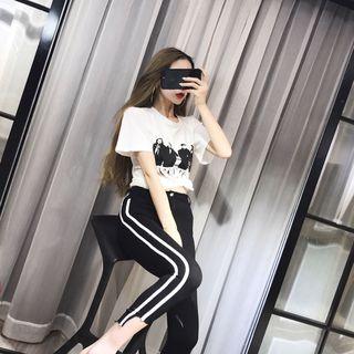 Set: Printed Short Sleeve T-shirt + Contrast Trim Sweatpants