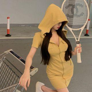 Short-sleeve Zip-up Mini Sheath Hoodie Dress Yellow - One Size