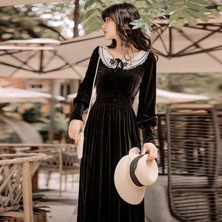 Lace Trim Collar Long-sleeve A-line Midi Velvet Dress
