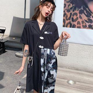 Short-sleeve Crane Print Panel Shirt Dress