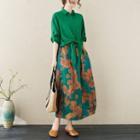 Set: Tie-front Blouse + Floral Midi A-line Skirt