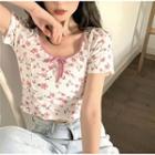 Short-sleeve Flower Print T-shirt White & Pink - One Size
