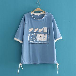 Mock Two Piece Cat Print T-shirt