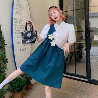 Mini A-line Overall Dress / Puff-sleeve Shirt