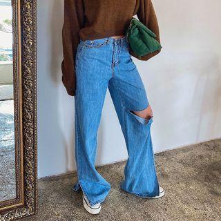 Cutout-detail Slit-side Wide-leg Jeans