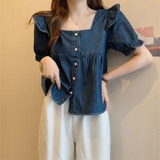 Short-sleeve Ruffle Panel Square-neck Denim Shirt