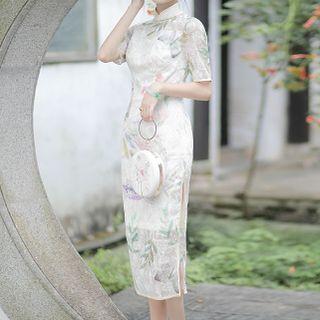 Short-sleeve Print Lace Midi Qipao