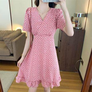 Short Sleeve V-neck Heart Printed Chiffon Wrapped Dress