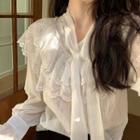 Long-sleeve Tie-neck Lace Ruffled Blouse White - One Size