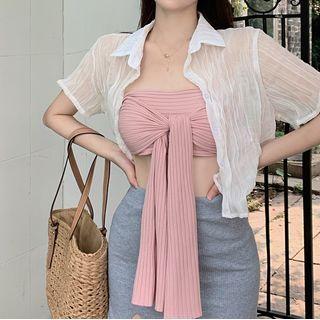 Short-sleeve Sheer Shirt / Tie-front Tube Top / Knit Mini Skirt