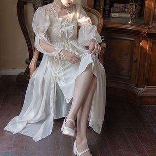 Set: Puff-sleeve Midi A-line Lace Dress + Slipdress