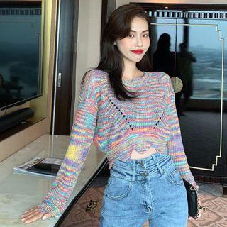 Irregular Hem Long-sleeve Cropped Knit Top