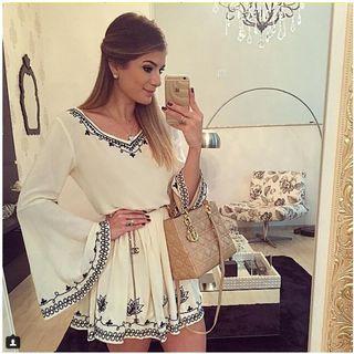 Bell-sleeve Embroidered V-neck Sheath Dress