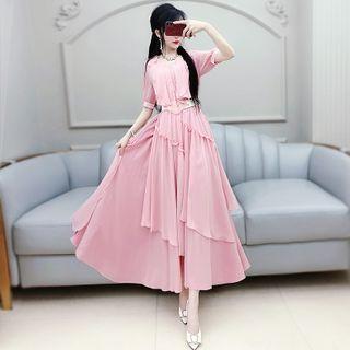 Short-sleeve Paneled Mini A-line Chiffon Dress