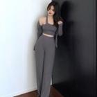 One-shoulder Crop Knit Tank Top / Cardigan / High Waist Straight Leg Pants