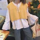 Cropped Knit Vest / Plain Bell-sleeve Blouse