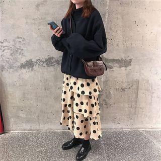 Buttoned Baseball Jacket / Dotted Tiered Midi Skirt