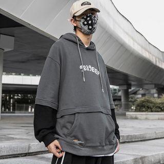 Color Block Long-sleeve Mock Two-piece Hooded Sweatshirt