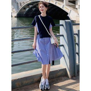 Short-sleeve Mock Two-piece Striped Smock Dress