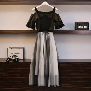 Set: Elbow-sleeve Cold Shoulder Ruffled Top + Mesh A-line Midi Skirt