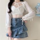 Lace Cropped Camisole Top / Denim Mini A-line Skirt / Bolero