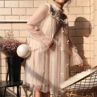 Set: Flower Applique Mesh Long-sleeve A-line Dress + Strappy Dress
