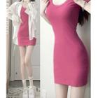 Plain Slim-cut Dress Rose Pink - One Size