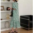 Short-sleeve Floral Midi Smock Dress Green - One Size