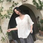 Short-sleeve Lace Panel V-neck Blouse