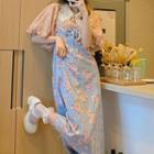Short-sleeve Lace Top / Denim Midi Overall Dress