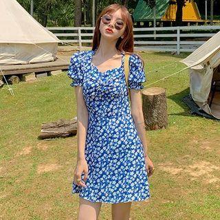Puff-sleeve Floral Print Midi A-line Dress (various Designs)