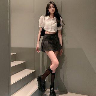 Embossed Puff-sleeve Crop Shirt / Striped Pleated Mini Skirt