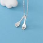 925 Sterling Silver Rhinestone Spoon & Fork Pendant Necklace S925 Silver - As Shown In Figure - One Size