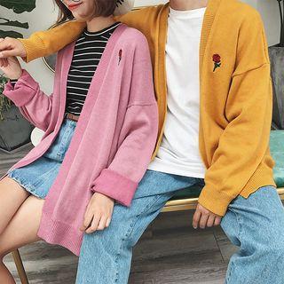 Couple Matching Rose Embroidered Basic Cardigan