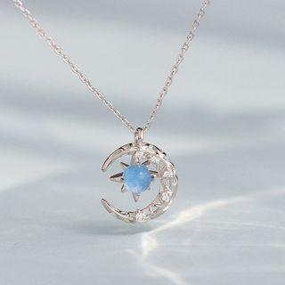 Moon & Star Moonstone Pendant Sterling Silver Necklace 1 Pc - Silver - One Size